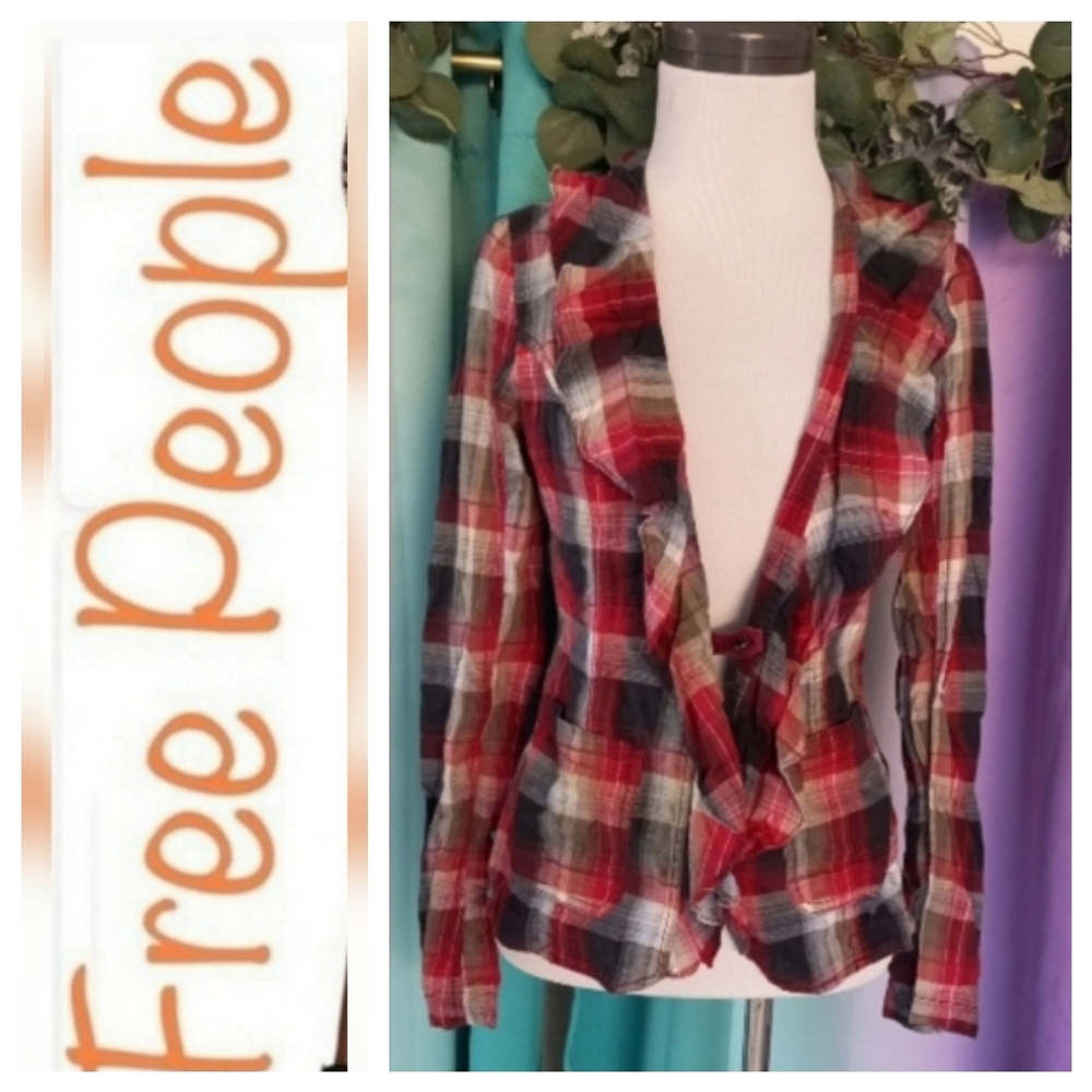 Free People Red Plaid Ruffled Button-Front Blouse